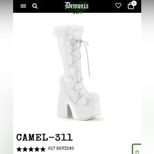 Women’s Demonia Boots, CAMEL-311, WHITE VEGAN LEATHER, SIze 10.